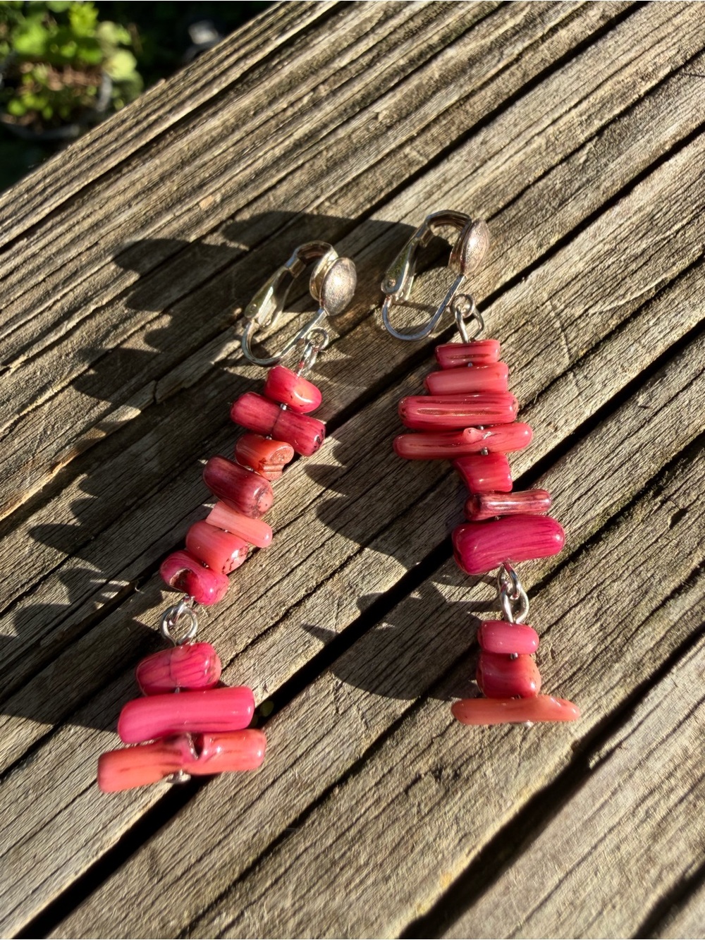 Vintage 925 Coral Nuggets Dangle Clip On Earrings 2” Length